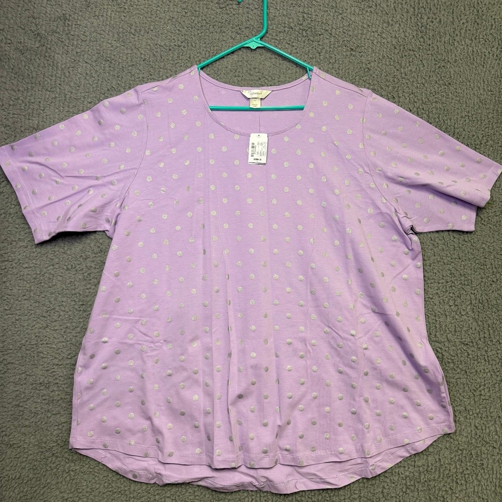 NEW CJ Banks Women's 3X Plus Purple Silver Polka Dot Short Sleeve T-Shirt Top